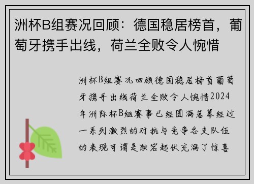 洲杯B组赛况回顾：德国稳居榜首，葡萄牙携手出线，荷兰全败令人惋惜