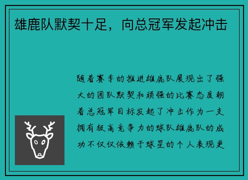 雄鹿队默契十足，向总冠军发起冲击
