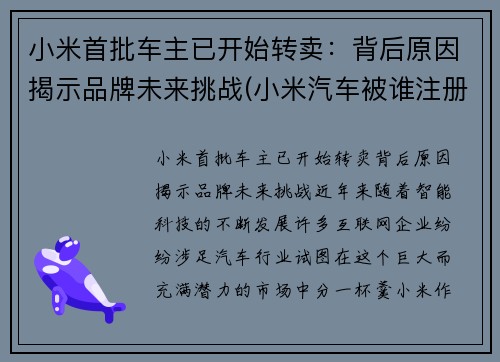 小米首批车主已开始转卖:背后原因揭示品牌未来挑战(小米汽车被谁注册了)
